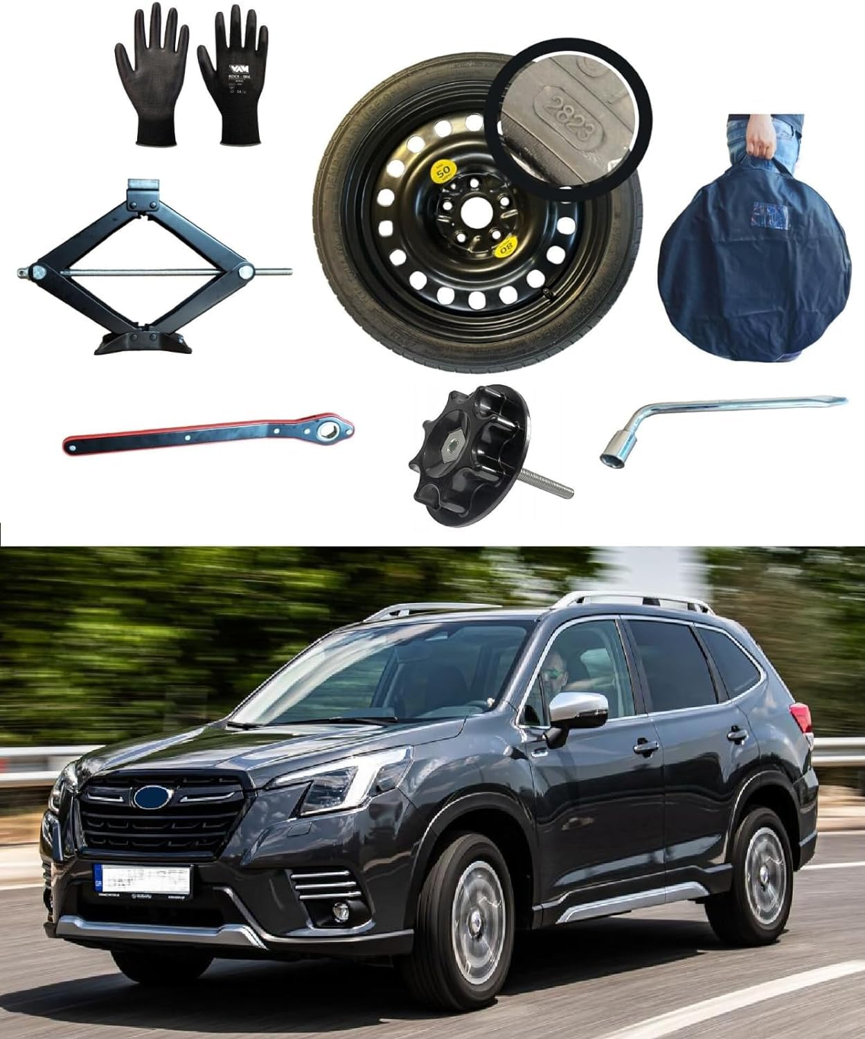 Kit rueda de repuesto 17" compatible con Subaru Forester (2020>) con gato, llave, tornillo, guantes y bolsa 155/90R17