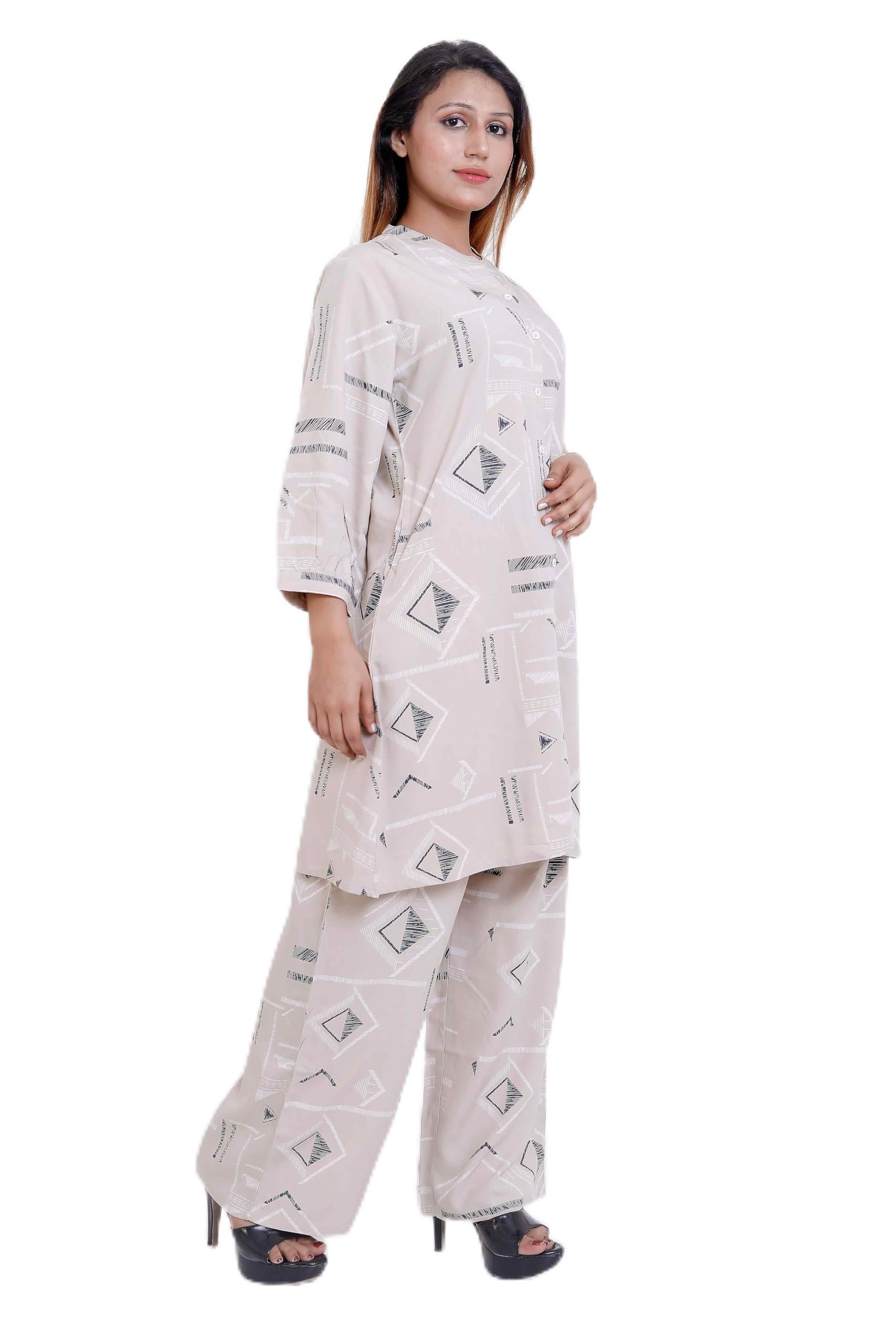Women's Rayon Co-Ord Set | Bold Geometric Print Long Tunic with Button Detailing & Full Sleeves | Wide-Leg Palazzo Pants |Casual Office Wear | W72-FPKP-CS-WHT-2_M-image-23