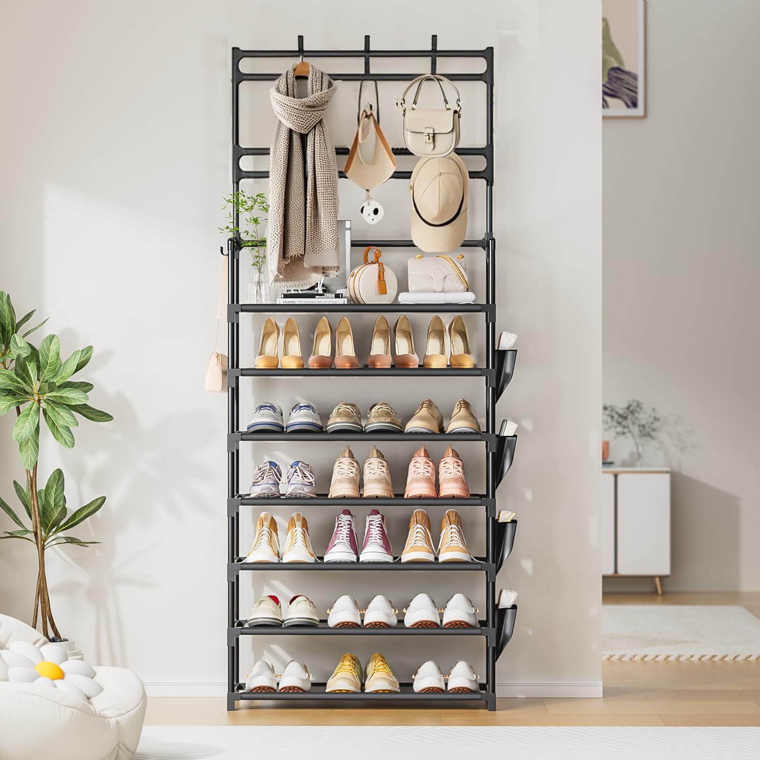 Shoe Rack 7 Tier Shoe Organizer Storage 21-28 Pairs Closet Shoes Rack for Front Door Entrance Shoe Rack Organizer with Hooks Side Pocket Entryway Large Capacity Shoe Shelf Tower Garage