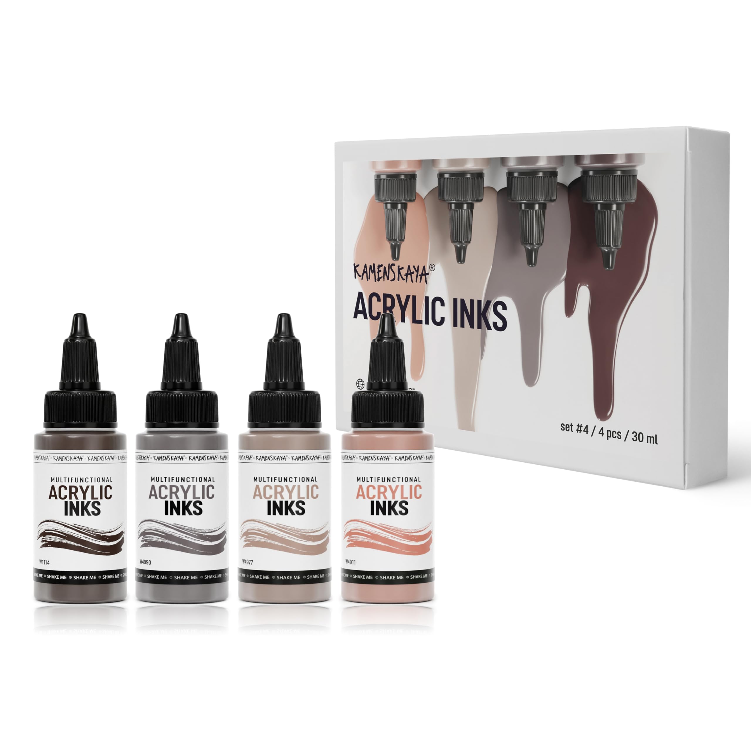 Kamenskaya Acrylic Inks for Artists - Acrylic Ink Set, Color Combination #4-4 pcs. 1 Fl Oz (30 ml) Each, 30 ml (Pack of 4)