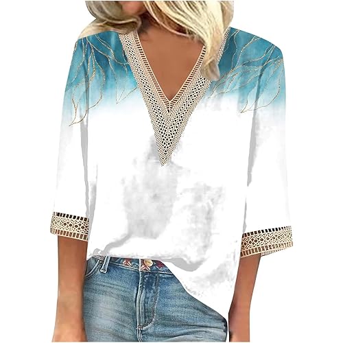 Women Tops Dressy Casual,Women's 3/4 Sleeve Shirts V Neck Casual Lace Trim Floral Blouses Work Tops Boho Shirts