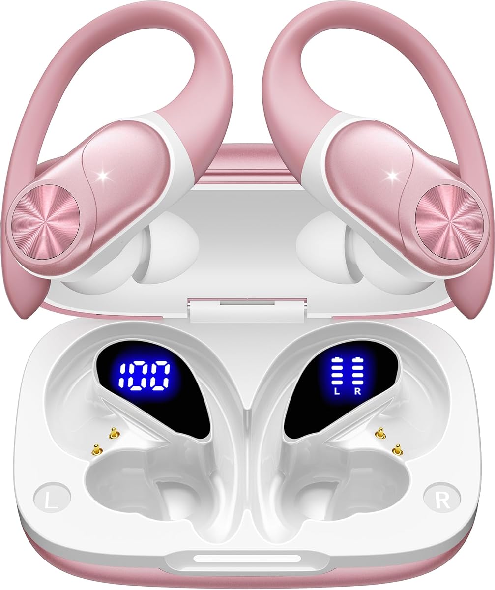 PocBuds Bluetooth Headphones Wireless Earbuds 80hrs Playtime Wireless Charging Case Digital Display Sport Ear Buds with Earhook Deep Bass IPX7 Waterproof Over-Ear Earphones for Phone Laptop Rose Gold