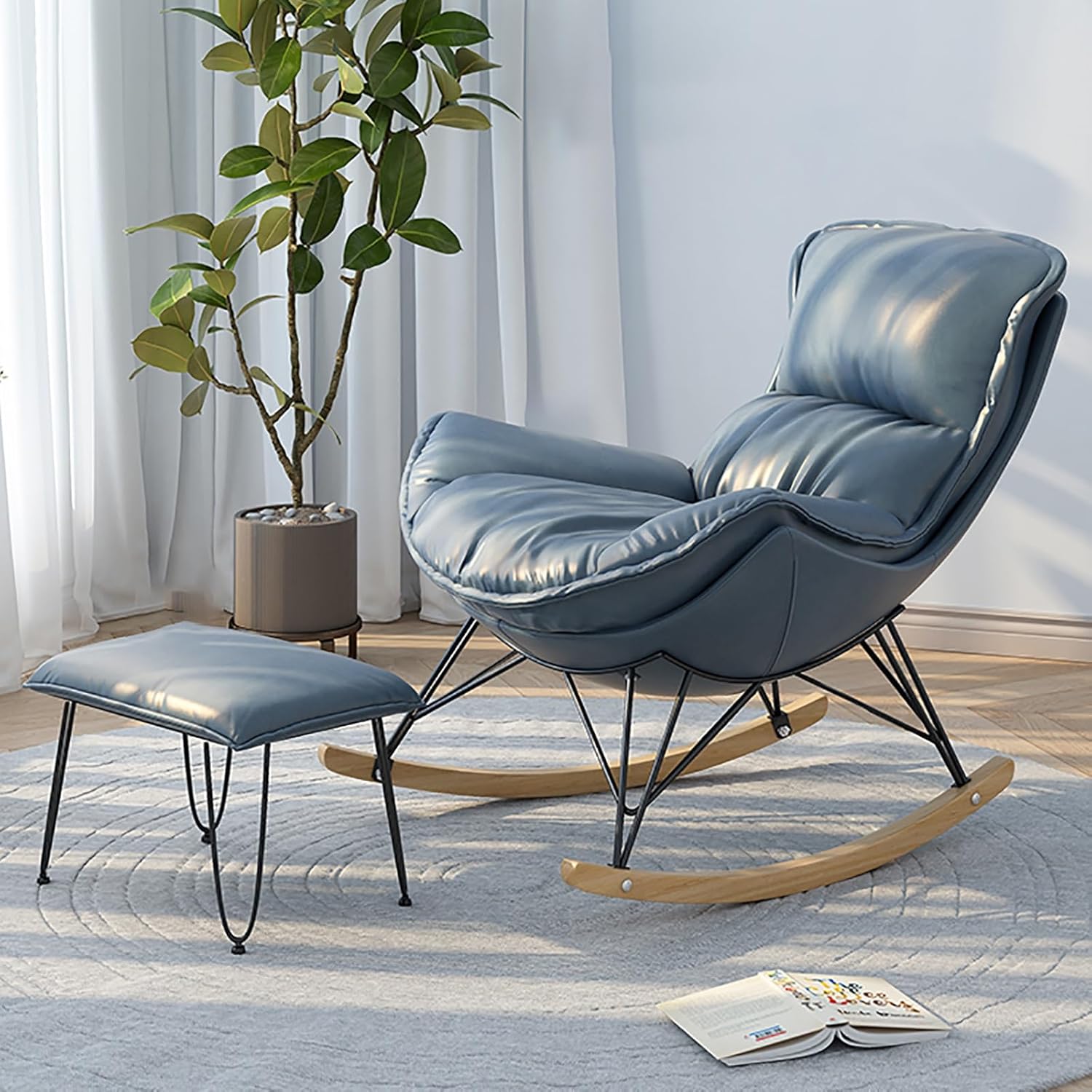 Outdoor Rocking Chair with Footrest Comfortable Upholstered Rocking Chair with Side Pockets and Armrests Living Room Rocking Chair for Living room and bedroom Balcony. ( Color : Smoke blue , Size : Me