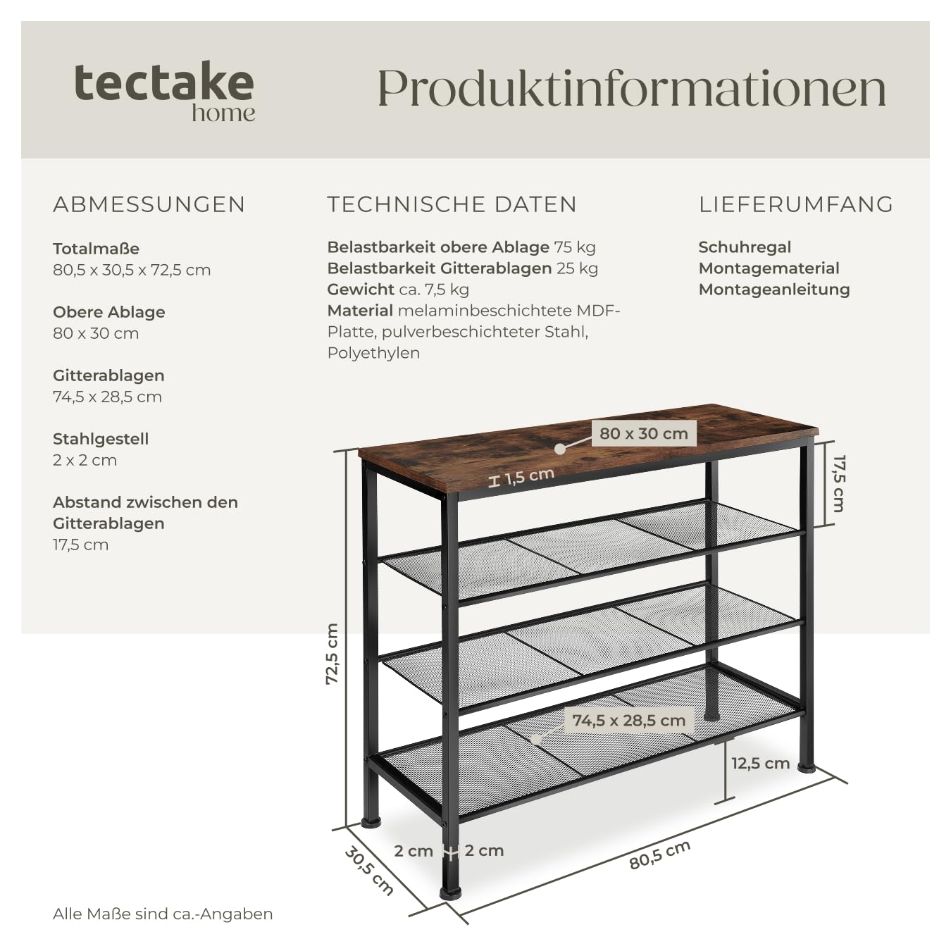 tectake 800955 Schuhregal schmal mit Ablagefläche, Schuhablage aus Holz Metall, Industrie-Design, 4 Ebenen mit 3 Gitterablagen, 80,5 x 30,5 x 72,5cm, schwarzes Metallgestell (Dunkelbraun | Nr. 404293)