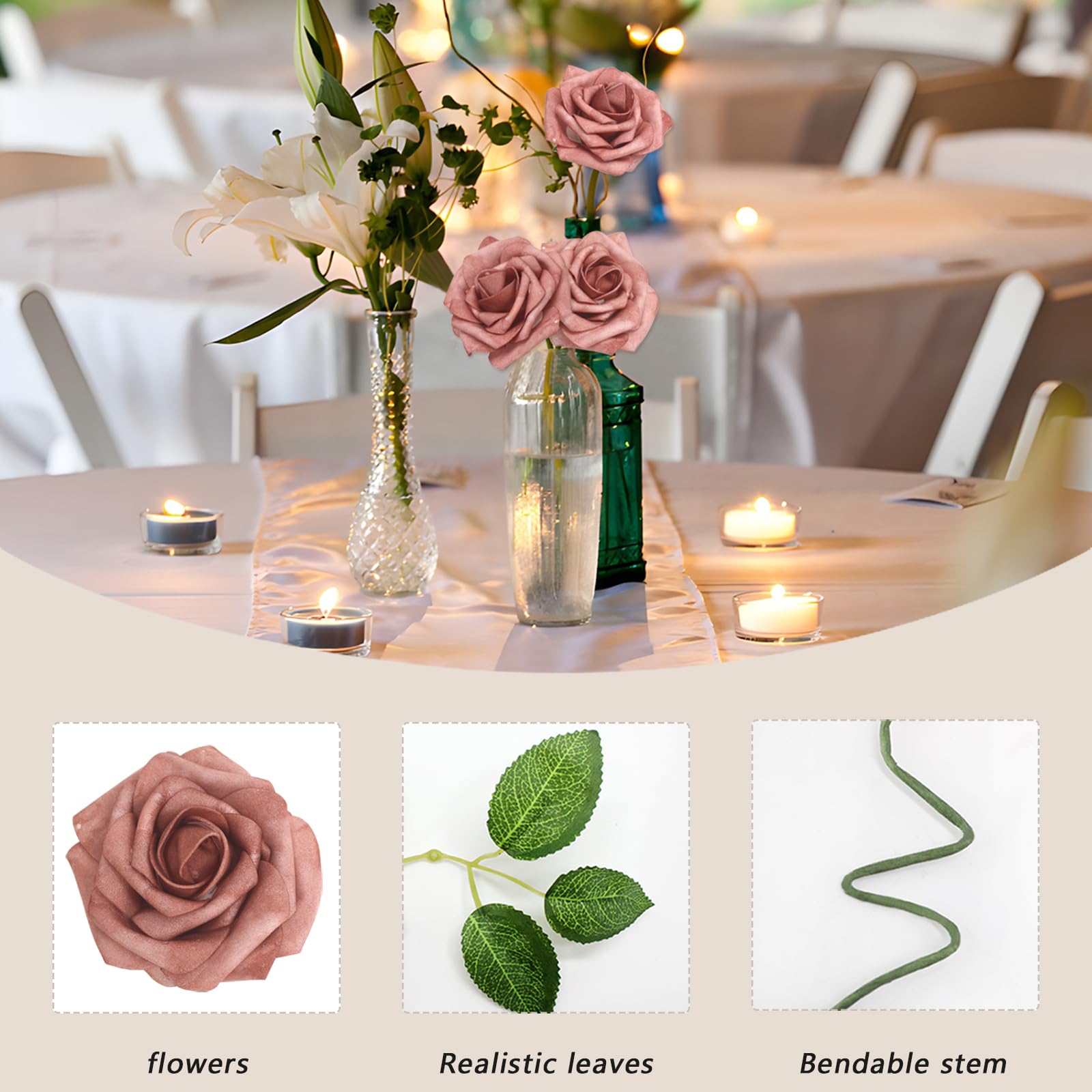 Künstliche Rosen, warmtaupe, echt aussehende Schaumstoffrosen mit Blättern für selbstgemachte Hochzeitssträuße, Brautparty, Party-Dekorationen (warmes Taupe, 100 Stück)