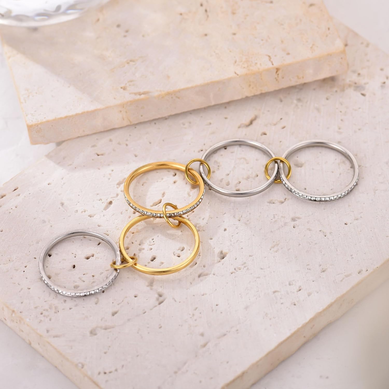 Gold Stackable Rings for Women - 5Pcs Gold Silver Rhinestone Ring Stack Set, Mixed Metal Stacked, Multi Link Connected, Two Tone Interlocking Statement Rings, Size 6 - Image 5
