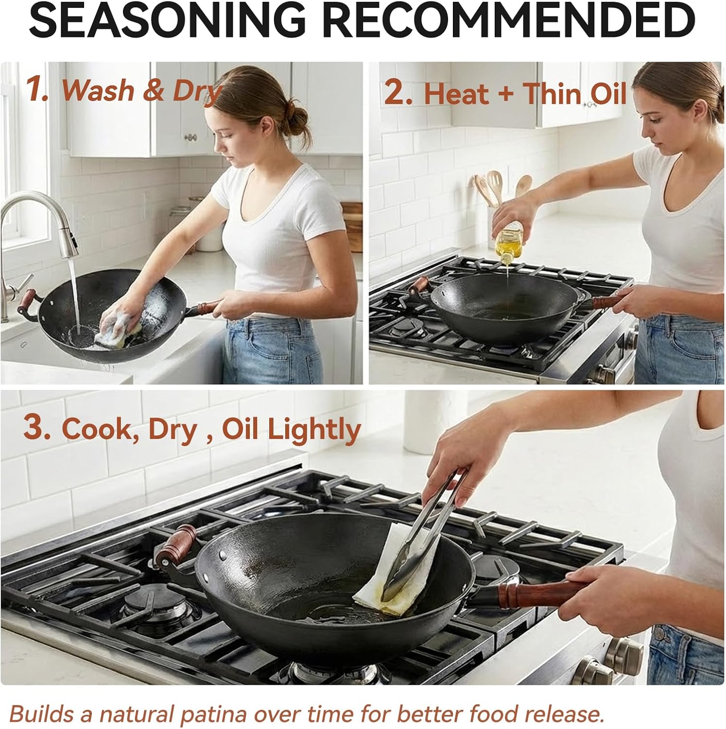 WANGYUANJI Cast Iron Wok Pan with Lid (12.6 Inch) - Handcrafted Flat Bottom Chinese Stir Fry Skillet for Induction, Electric & Gas - Walnut Wood Handle, No Coating - Image 7