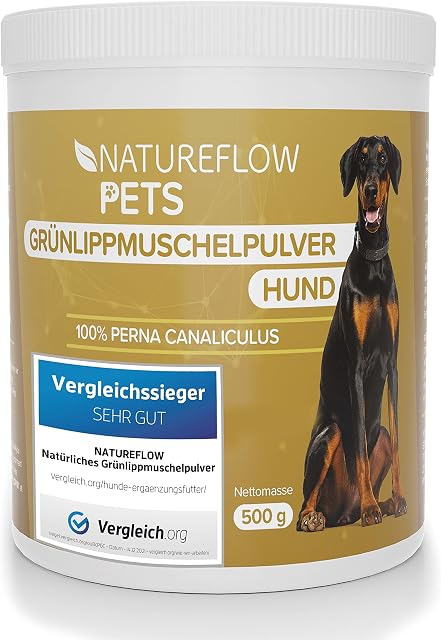 NatureFlow suplement w proszku, wspomagający zdrowe stawy u psów - 500g, składający się z mączki z omułka zielonowargowego, cechującej się wysoką przyswajalnością przez psy wszystkich ras.