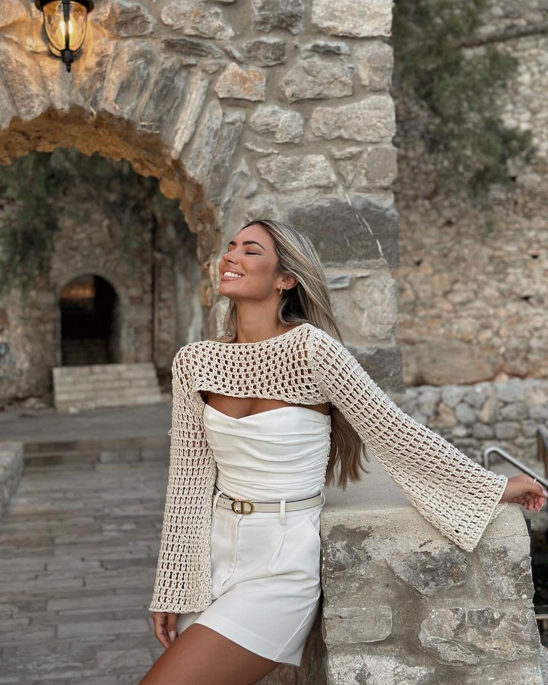 Womens Crochet Crop Tops Y2k Knit Shrug Sweater Hollow Out Long Sleeve Bikini See Through Cover Ups - Image 2