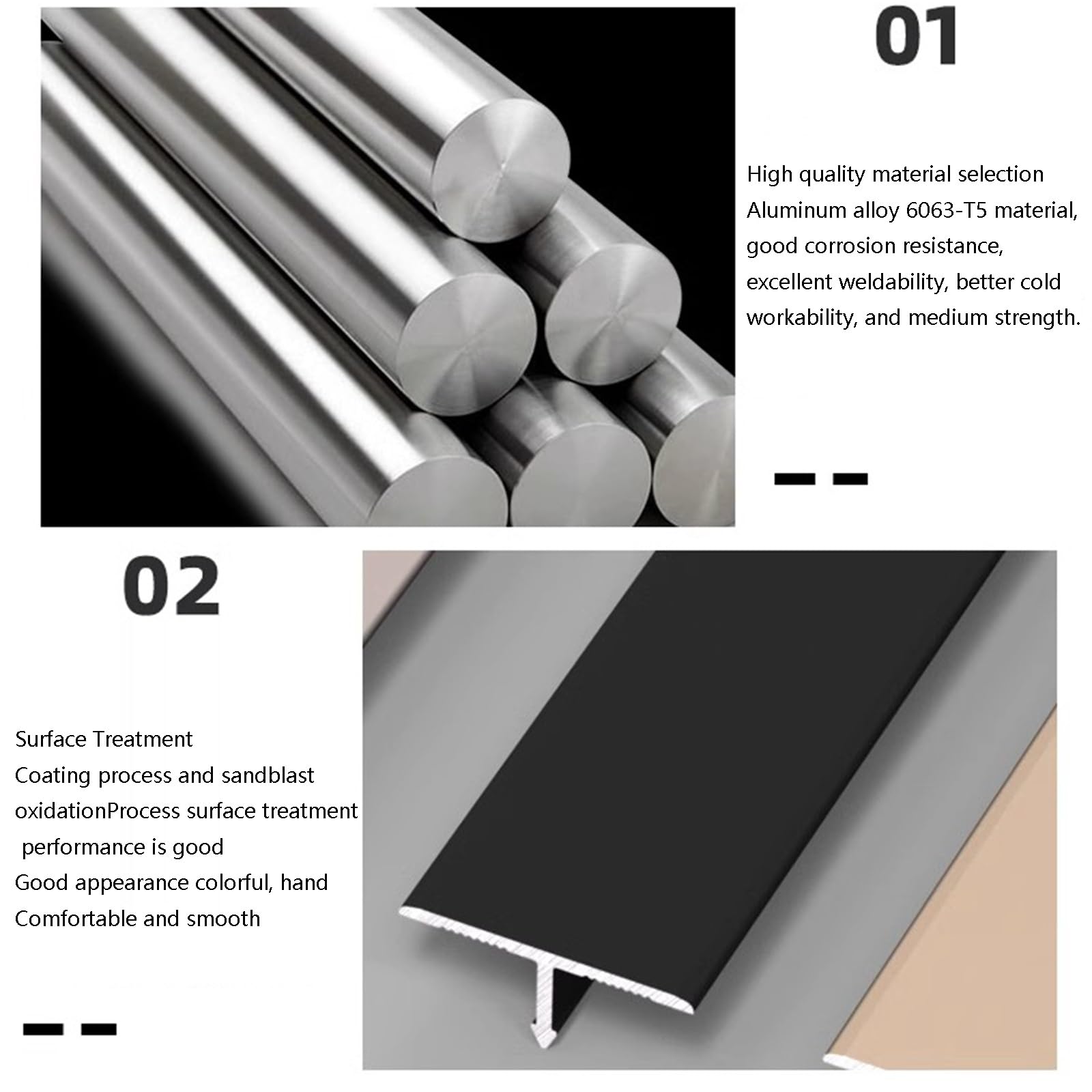 Perfil de transición de aluminio, protección de borde en T para transiciones de madera a azulejos, tira de transición de suelo de 90 cm, 3 piezas