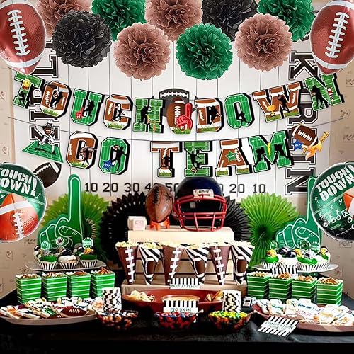 Miniatura 6 de Decoraciones de fiesta de cumpleaños de fútbol, juego de 39 piezas de suministros de fiesta de Super Bowl, pancarta TOUCH DOWN GO TEAM Banner de