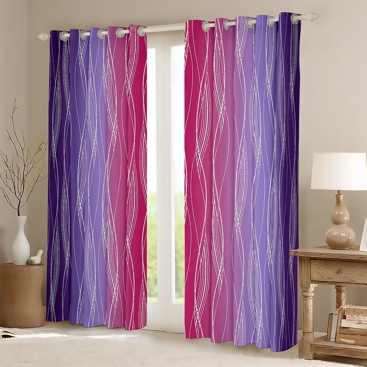 Homewish Abstract Ombre Blackout Curtains 46" Wx54 L Red Purple Gradient Curtains & Drapes Geometric Silver Striped Window Curtains For Bedroom Aesthetics Wavy Line Window Treatments 2 Panels - Image 3