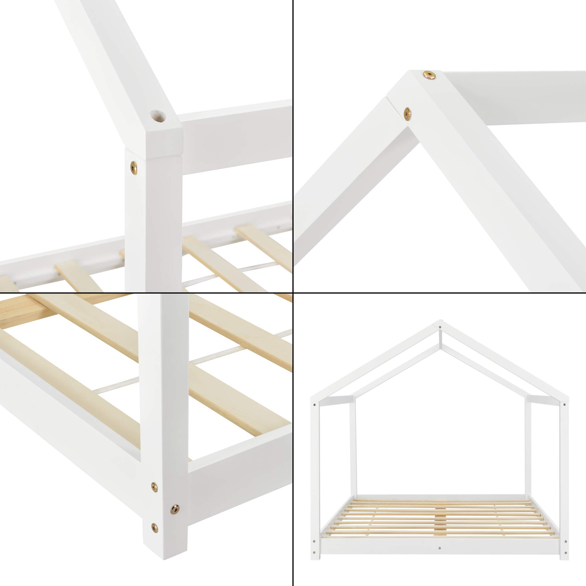 [en.casa] Letto per Cameretta a Forma di Casetta 120 x 200 cm Struttura Letto 1 Piazza e Mezza in Legno di Pino Stile Montessori - Bianco