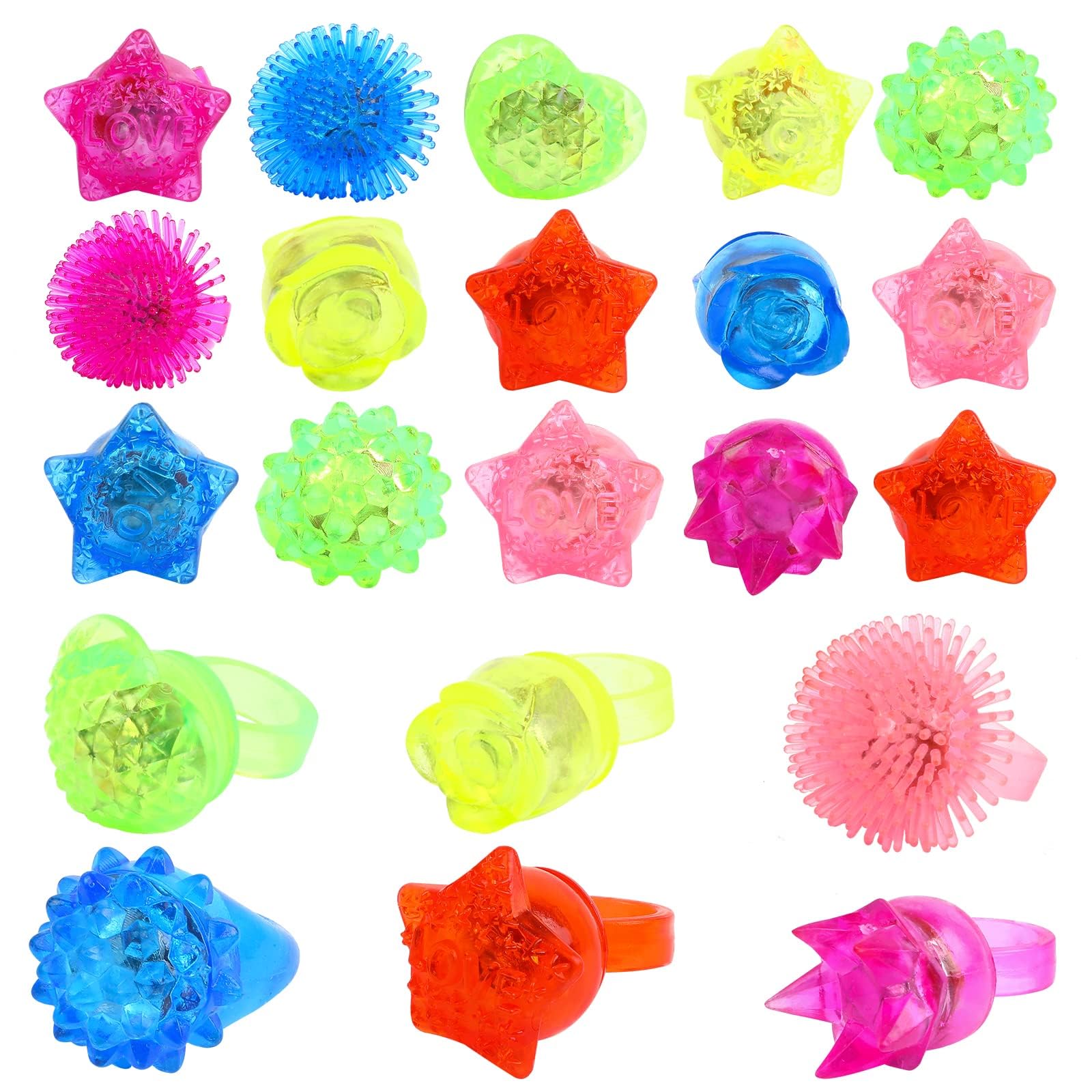 CCINEE 24Pcs Light Up Rings Flashing Assorted Colorful LED Rubber Bumpy Jelly Rings Glow in Dark Finger Toys for Party Supplies Kids Prizes Novelty Gifts Party Bag Filler
