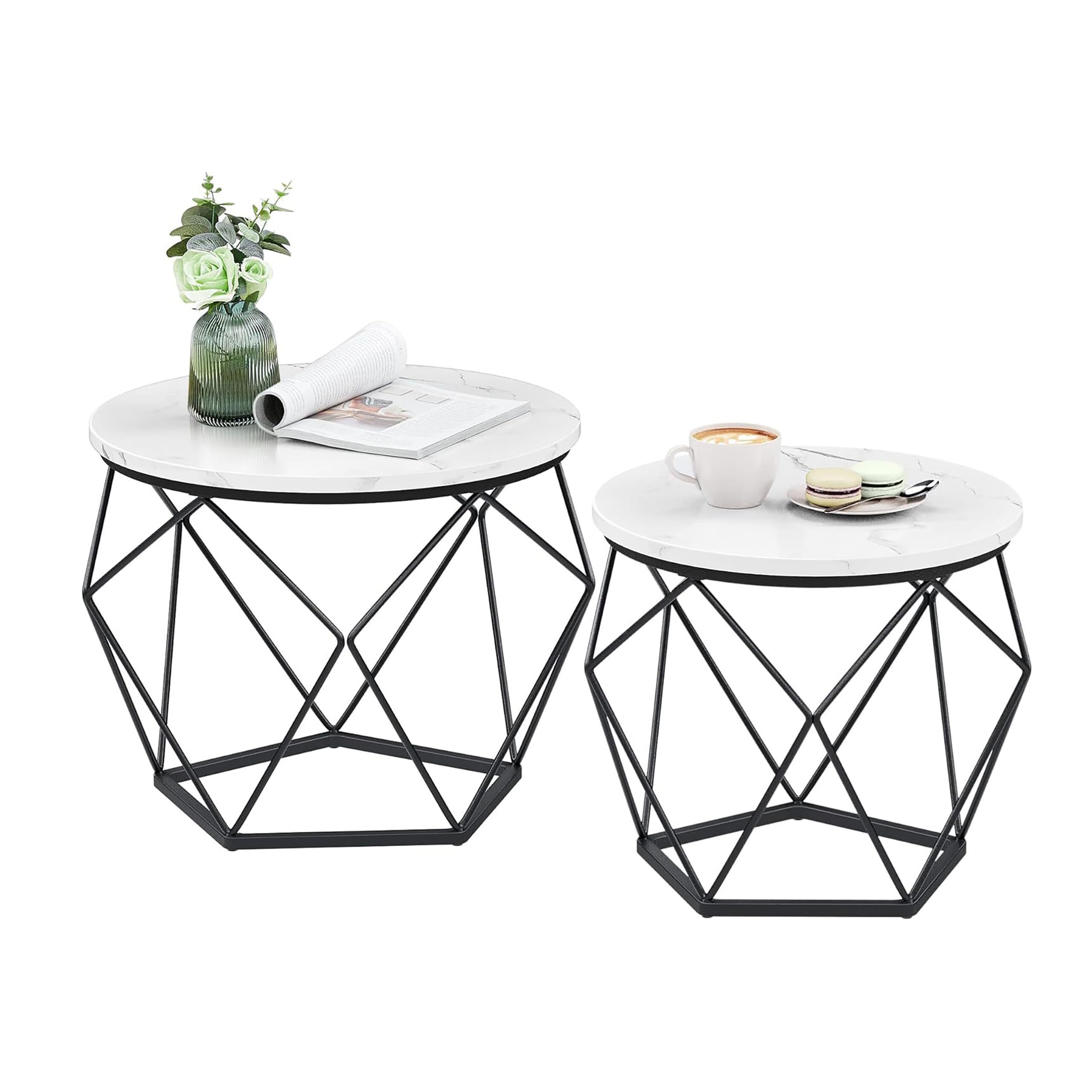 Relaxdays Coppia di Tavolini Rotondi Effetto Marmo e Metallo Design Vintage Bianco/Nero 50x40x40 cm