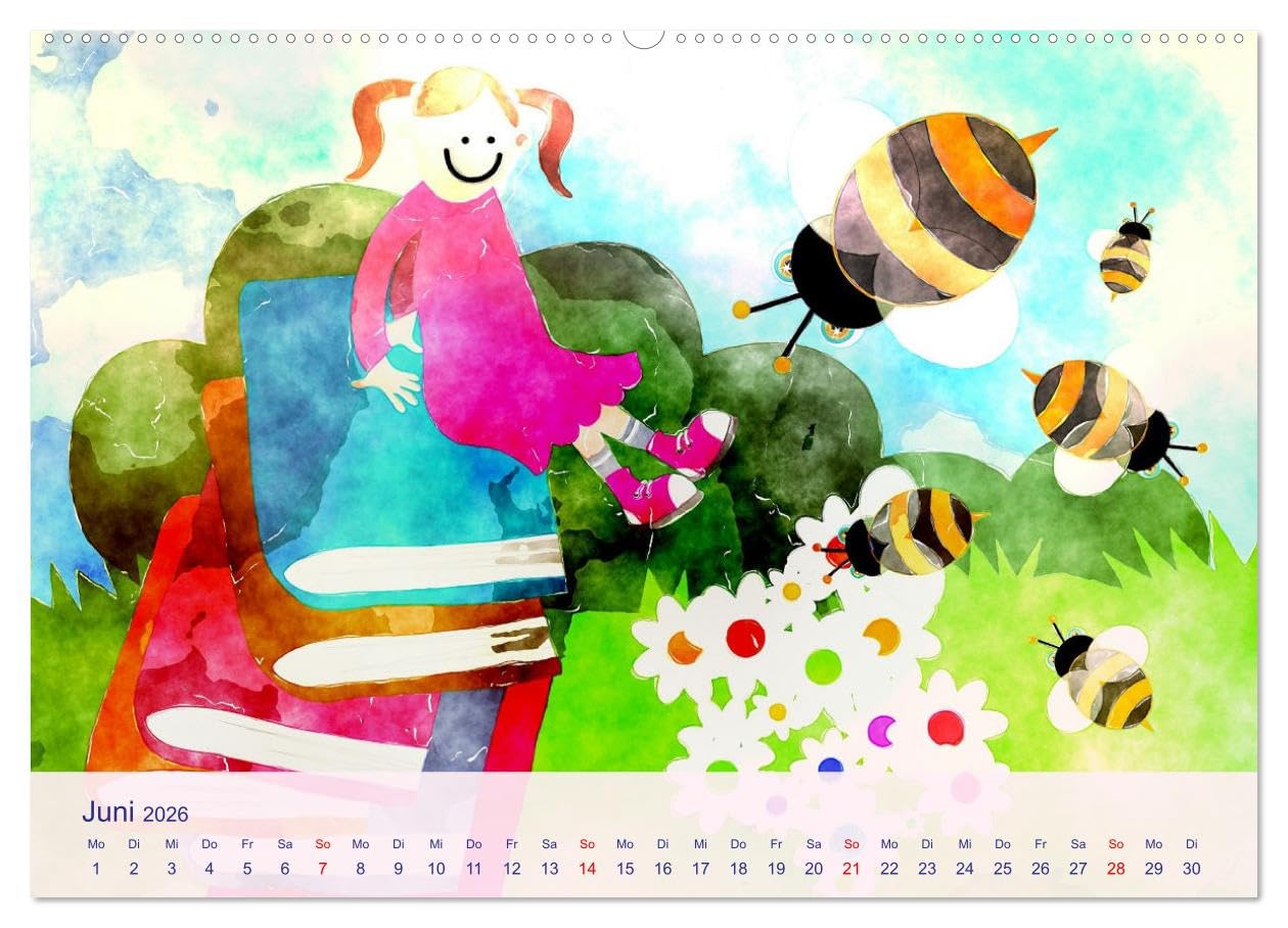 Glückliche Kindheit. Duftiger Aquarell Kinderkalender (Wandkalender 2026 DIN A2 quer), CALVENDO Monatskalender: Sonniger Aquarellkalender für glückliche Kinder und Familien (CALVENDO Kunst)