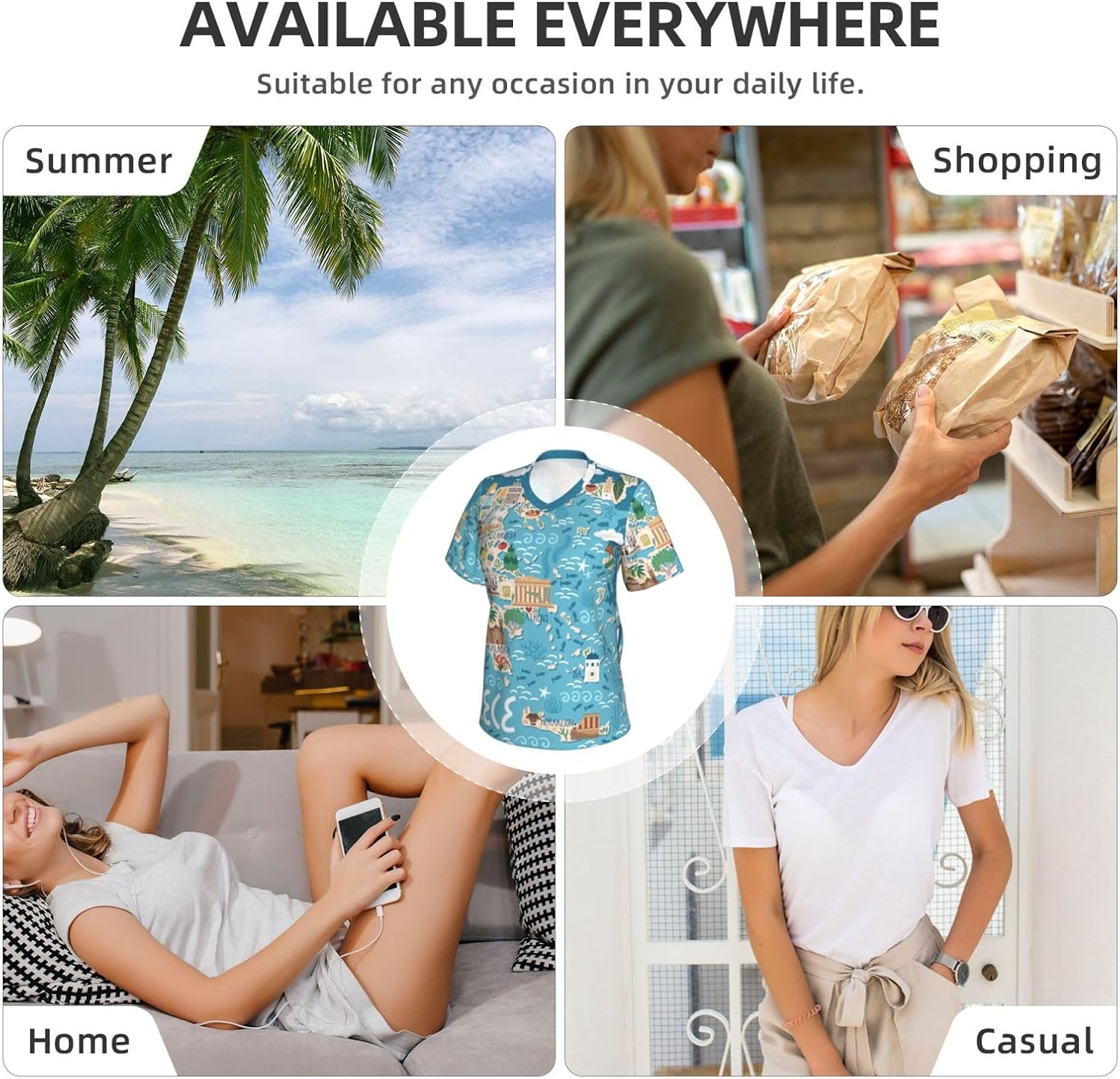 Womens Greece Map Print Short Sleeve V Neck T-Shirts Casual Breathable Tee Basic Summer Tops 2026
