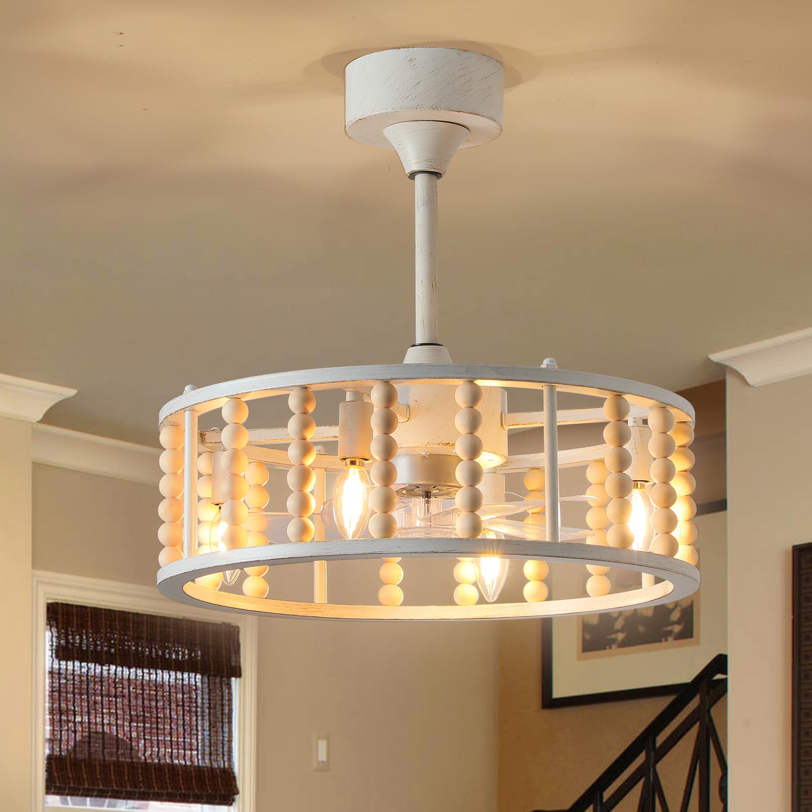 Caged Ceiling Fans with Lights - Farmhouse Flush Mount Ceiling Fan 4 Light E12 Remote Industrial Fandelier 19" Height Adjustable Boho Indoor Ceiling Light Fixtures for Bedroom Living Room