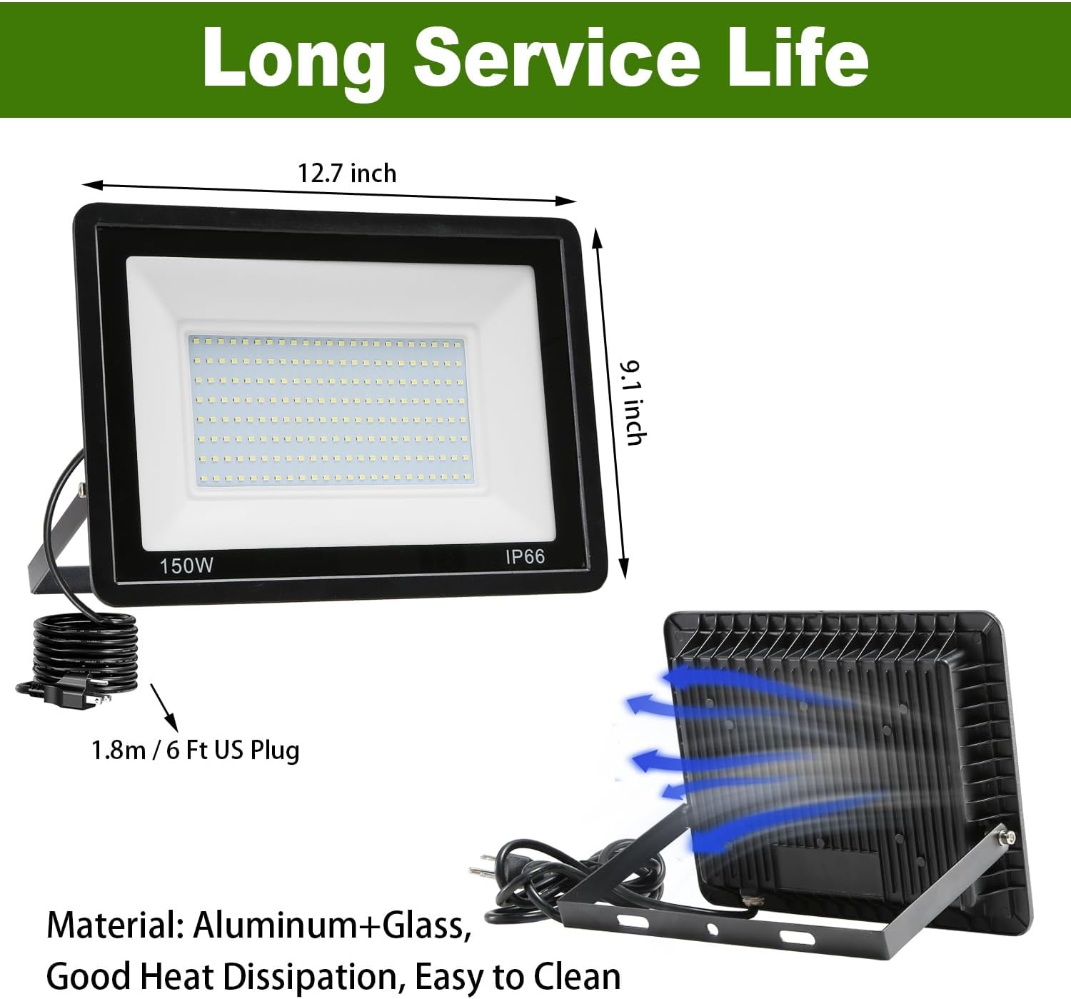 4 Pack 150W LED Flood Light Outdoor,15000LM Work Spotlight with US Plug,6500K Daylight White,IP66 Waterproof Exterior Security Floodlights for Yard,Garden,Backyard,Patio,Stadium,Parking Lot