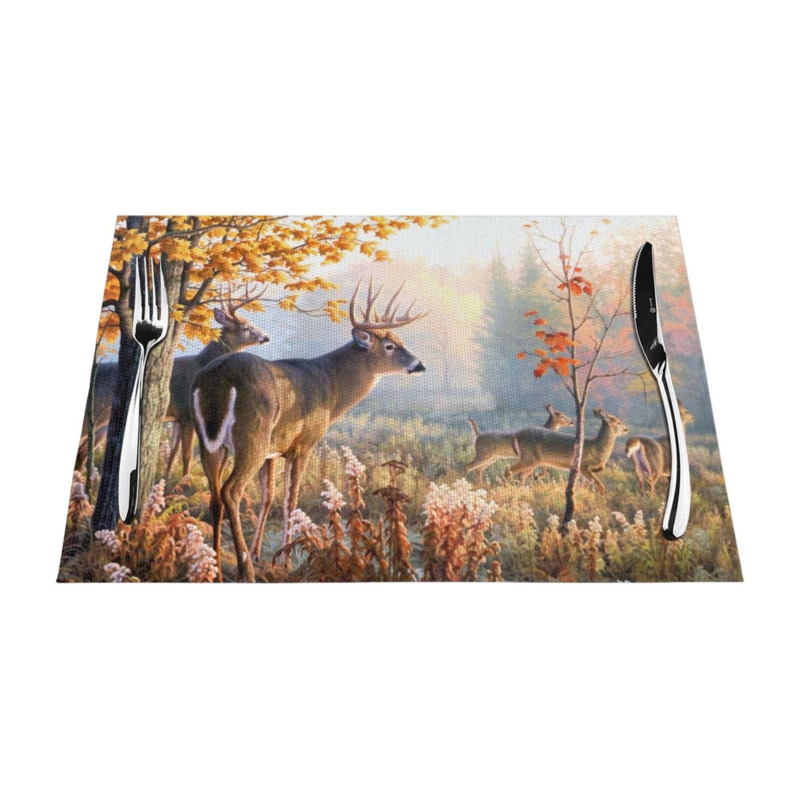 PVC Placemat Set of 6 PCS, 45x30 CM, Deer Wildlife Art Printed Non-Slip Heat Resistant Place Mats for Kitchen Dining Table Indoor Outdoor
