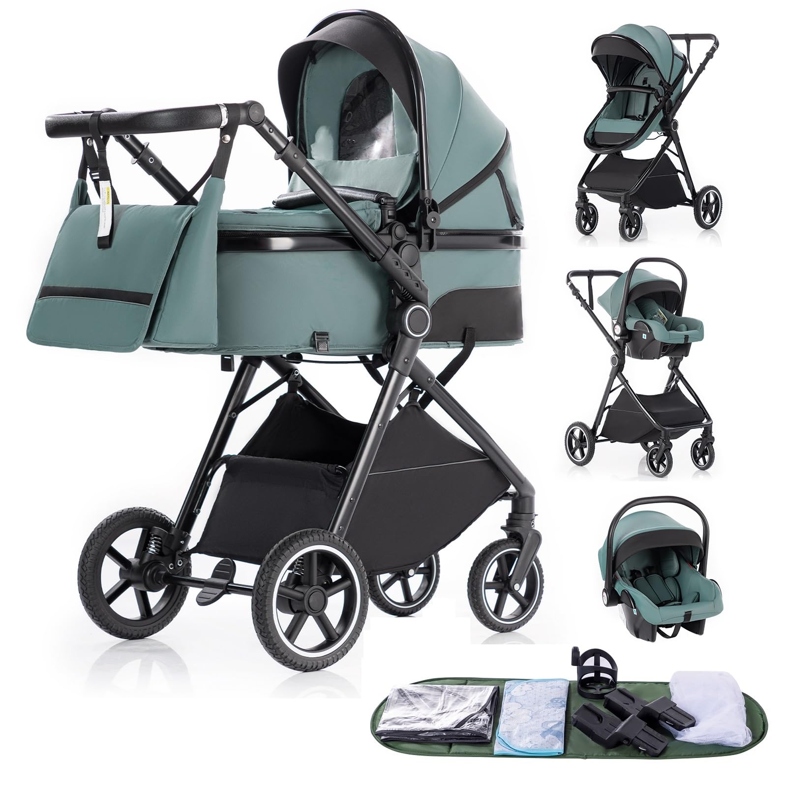 Gcarebb Système de voyage 3 en 1 avec poignée réglable en hauteur, poussette avec housse de pluie, poussette pour bébé avec cadre en aluminium pour nouveau-né