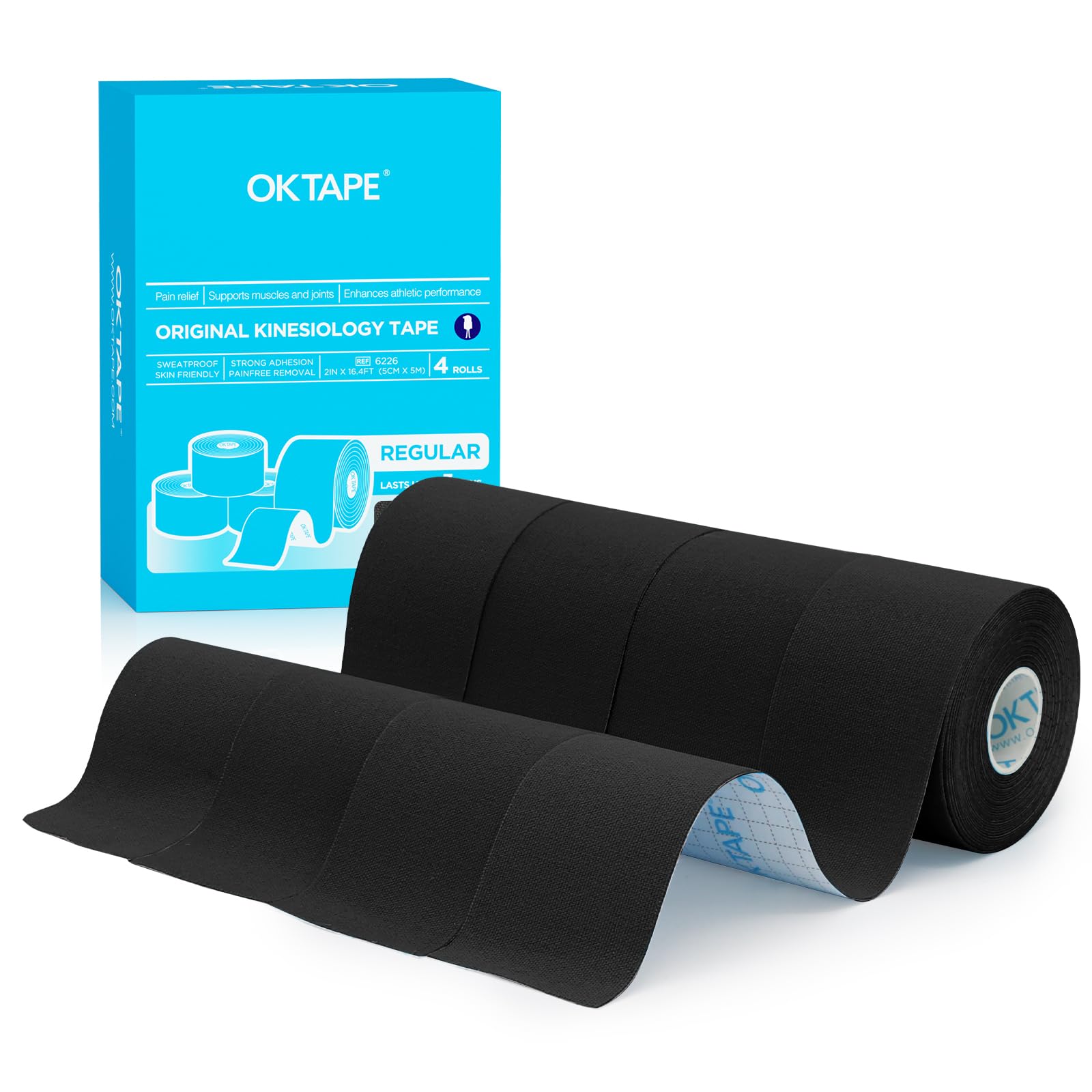 OK TAPE Kinesiologico tape 5cm x 5m, Nastro Atletico Terapeutico Elastico Resistente, Senza Latex, Antidolore, Recupero Lesioni, per il ginocchio, articolazioni, supporto muscolare(4 Rotoli, Nero)