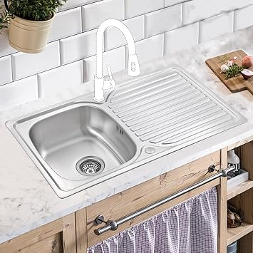 JASSFERRY Stainless Steel Kitchen Sink Single 1 Bowl Inset Reversible Drainer with Waste Pipes Clips, 860 x 500 mm