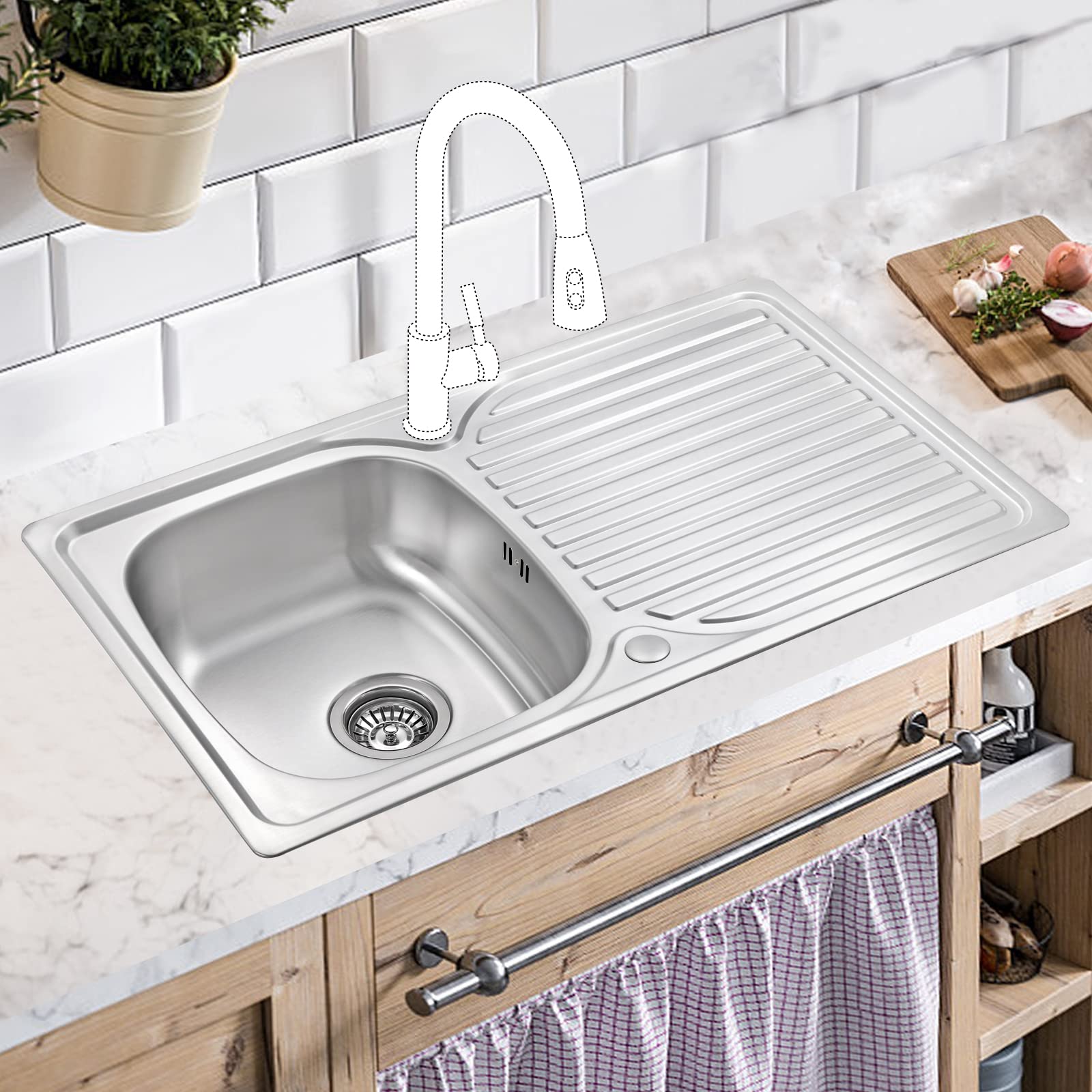 JASSFERRY Fregadero de cocina un seno, de Acero Inoxidable, escurridor reversible, con colador de residuos 860 x 500x160mm