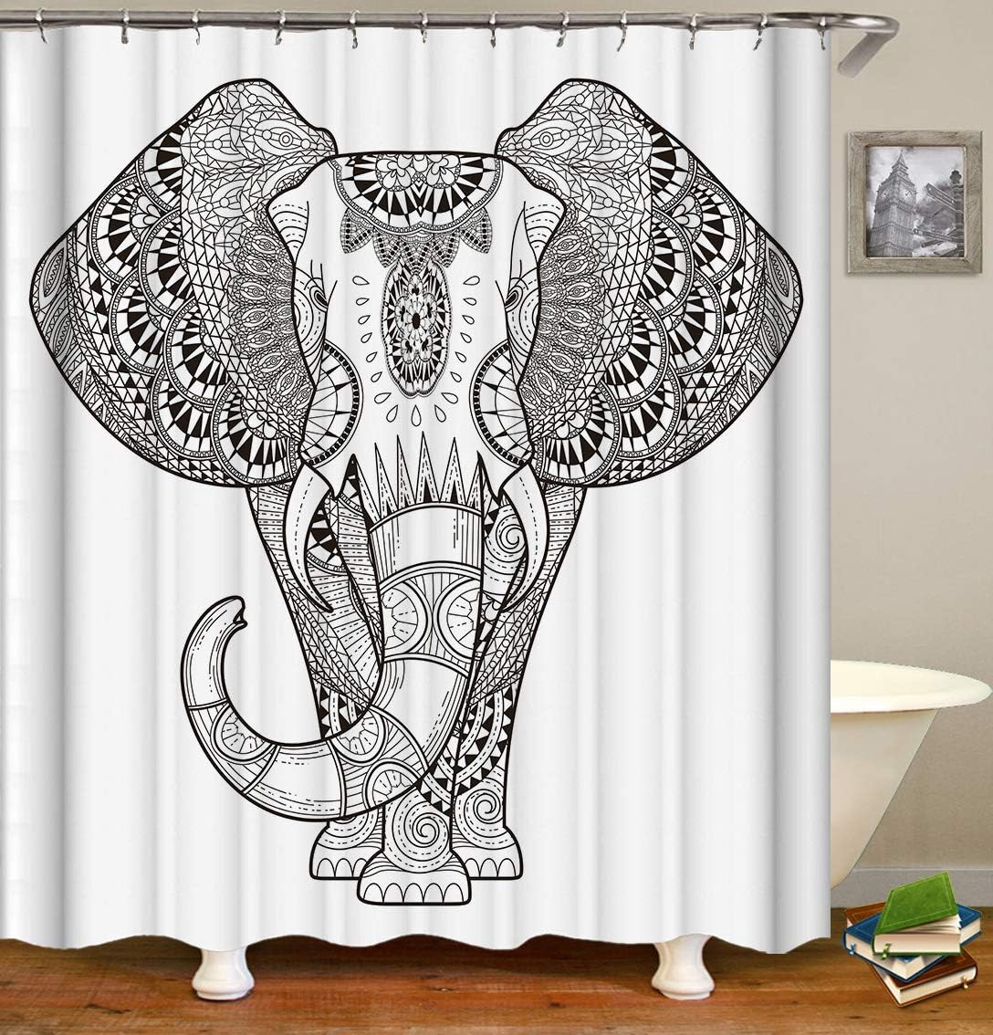 Fabric Shower Curtain,Elephant Ethnic Indian Mandala Floral Paisley Sacred Animal Unique White Polyester Designer Cloth, Print Decorative Bathroom Curtains Include Hooks Set (173)