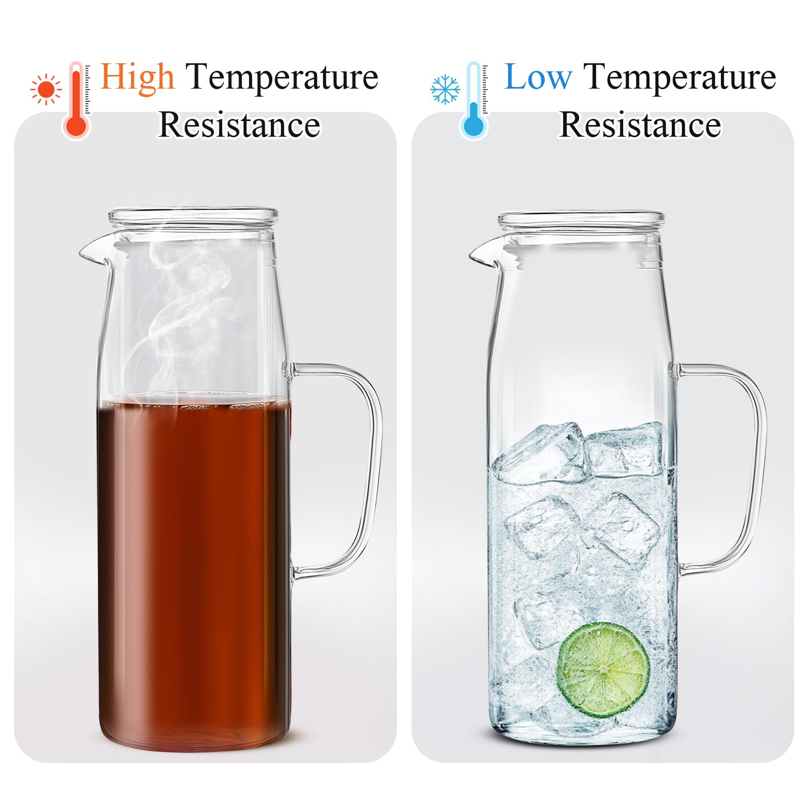Hsei Lot de 2 pichets en verre avec couvercle - Carafe à eau avec poignées - Pour thé, jus, lait, café, boissons glacées (couvercle en verre)