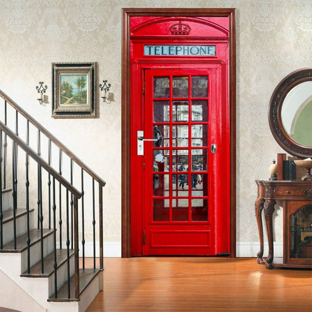 3D Peel & Stick Murals - Telephone Booth - Wallpaper Self-Adhesive Door Decals - Removable PVC Waterproof Door Poster - Bedroom/Living Room - 33.9" x 78.7"