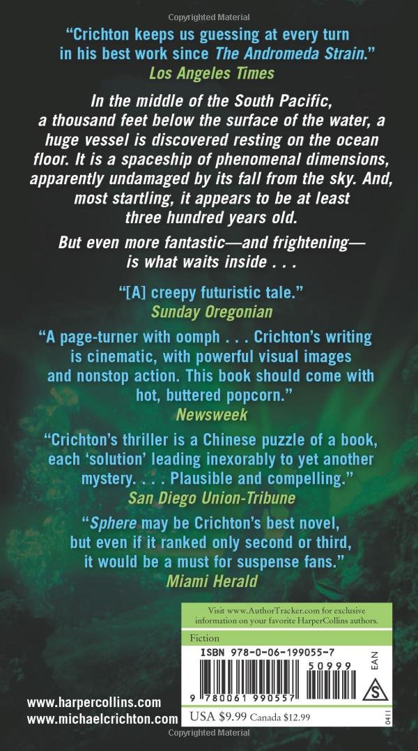 Back cover of Sphere by Michael Crichton, featuring review quotes and a brief synopsis of the story.