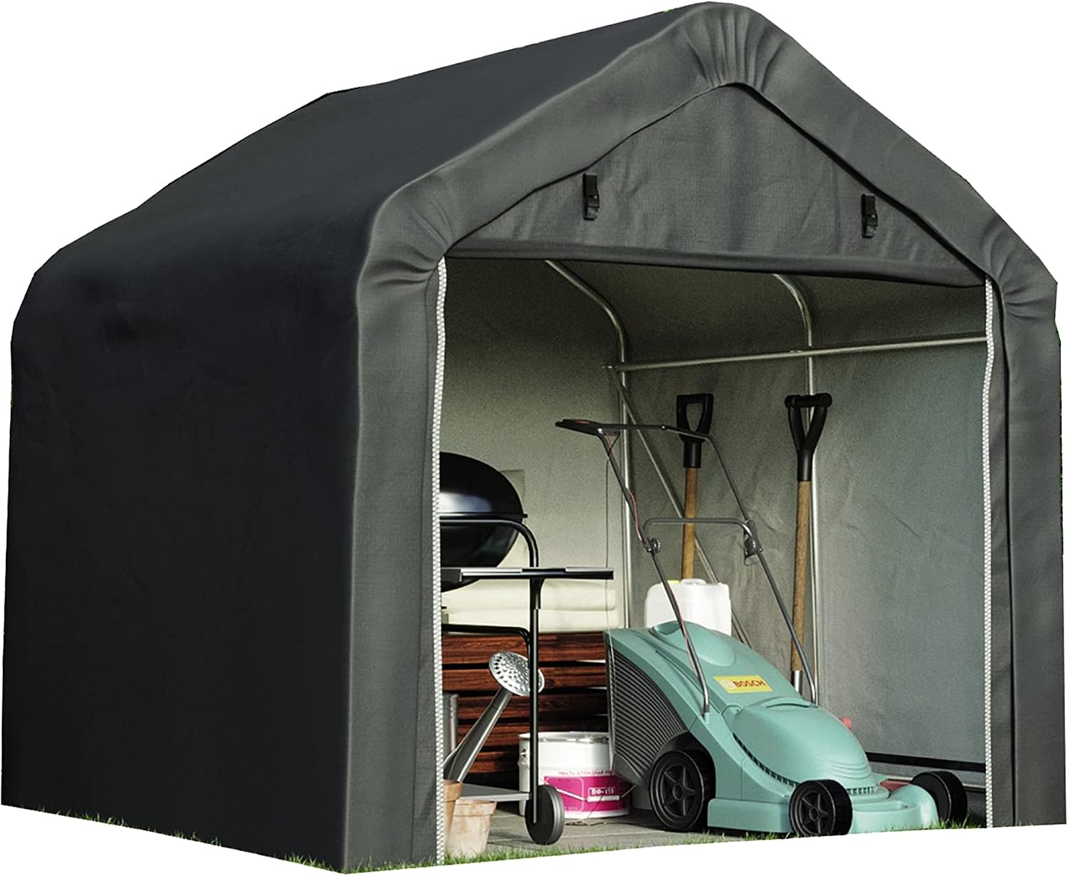 Garden Gear Portable Shed with front open, showing a lawnmower and other garden tools inside.