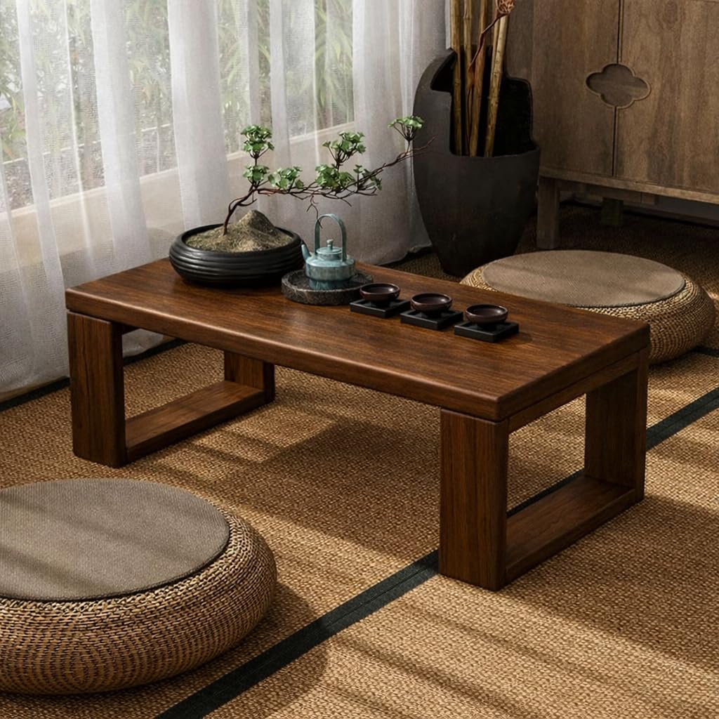 foldeable Japanese Floor Tea Table Minimalist Low Height Wooden Coffee Table Zen Style Solid Wood Living Room Bedroom halll Garden Table (Walnut, 70 x 40 x 30)-image-43