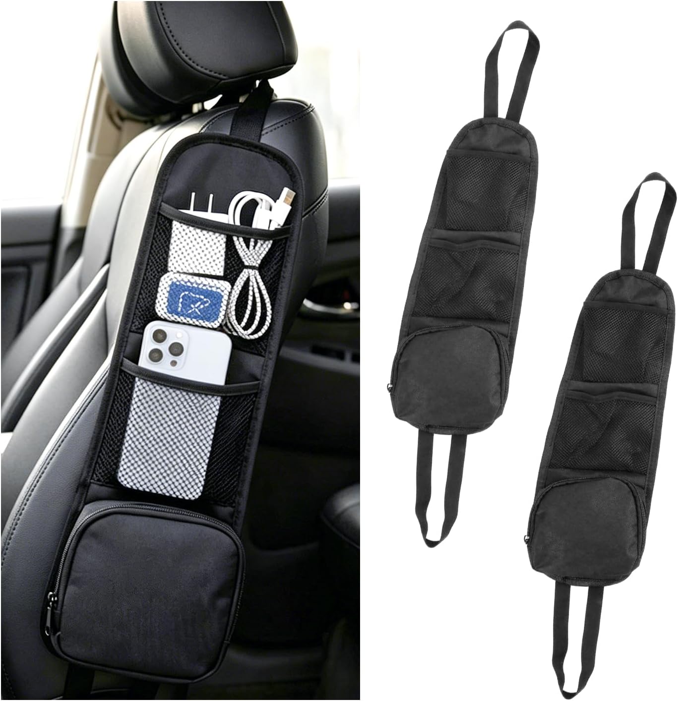 2 PCS Car Seat Side Organizer, Multifunctional Auto Seat Side Storage Hanging Bag with Mesh Net Pockets, Multi-Pocket Vehicle Mesh Organizer for Mobile Phone Wallet Glasses