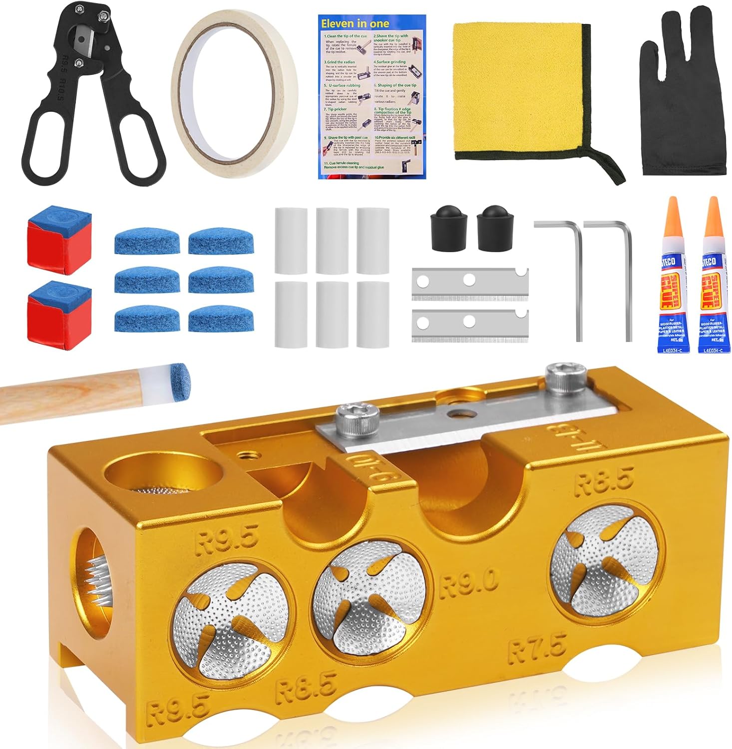 11-in-1 Aluminum Alloy Pool cue Tips Replacement kit,Pool cue tip Shaper,Professional Cue Stick Tool Kit,Pool cue Shaper Accessories for Replacement and Shaping Cue Tips (Yellow)