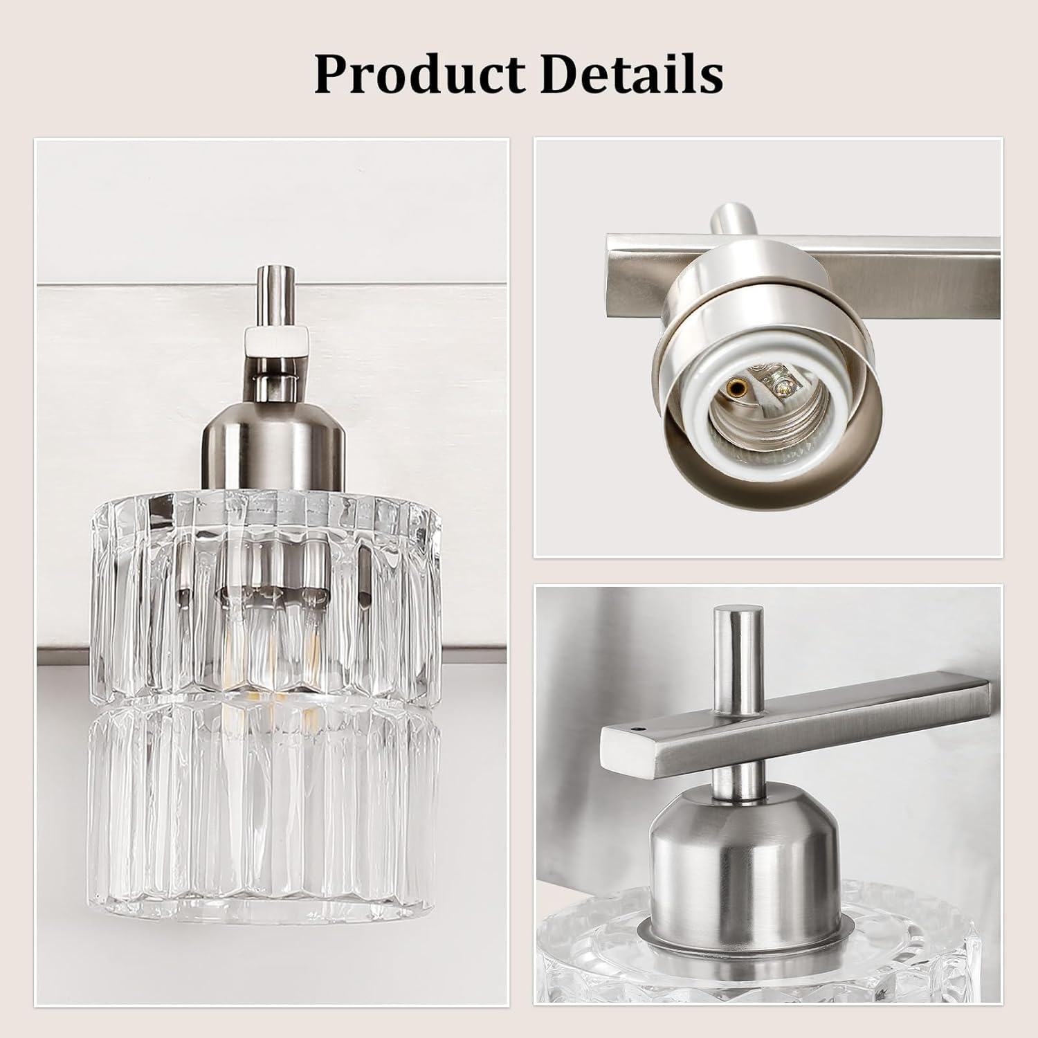 OCIOC Brushed Nickel Bathroom Light Fixtures, 3-Lights Bathroom Vanity Light with Glass Shades, Modern Vanity Lights for Mirror, Wall Lights for Living Room, Hallway, Kitchen, E26 Base