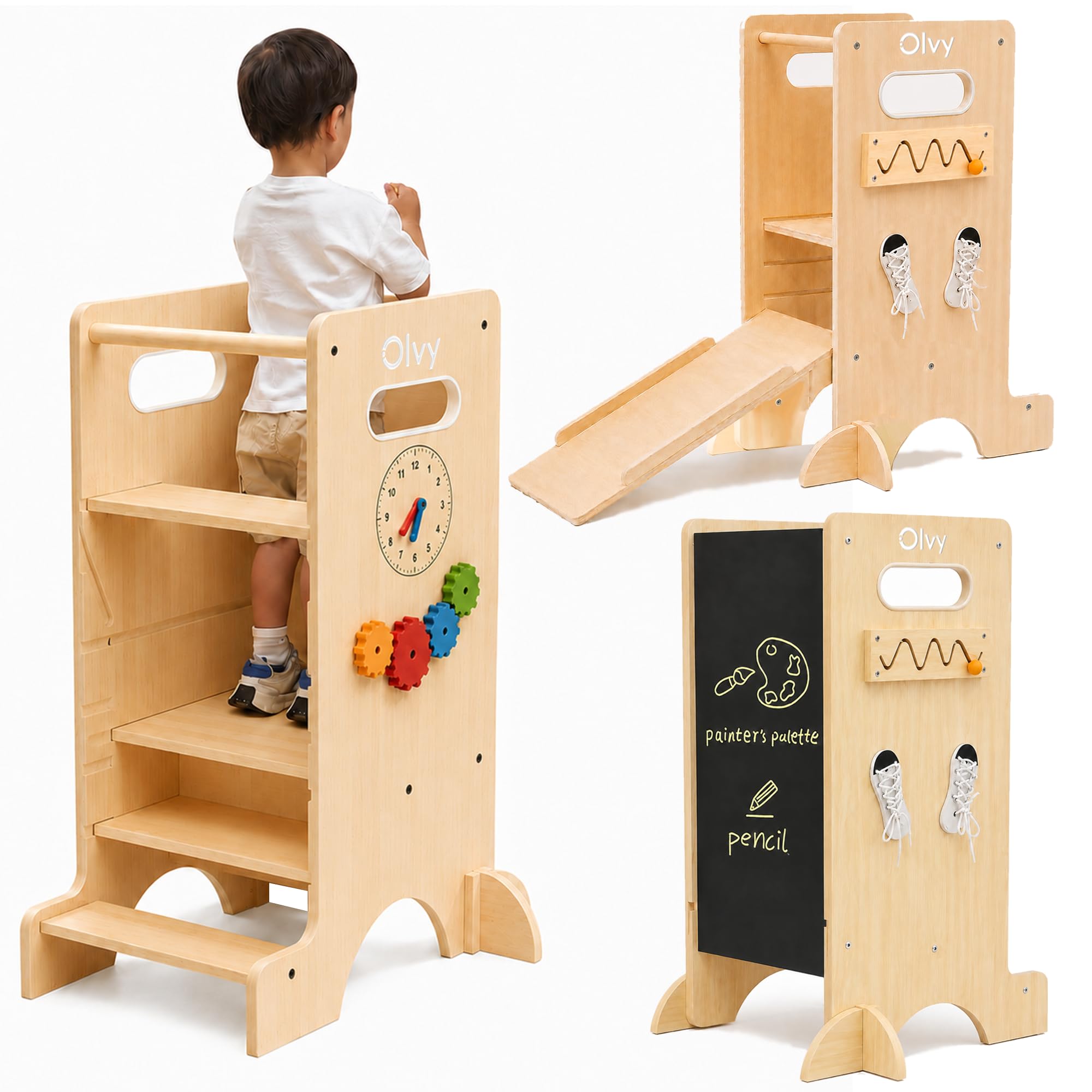 Olvy Kids 4-in-1 Montessori Torretta Apprendimento - Learning Tower - Scaletta Legno - Scaletta Bambini 4 Gradini - Torre Cucina Bambini