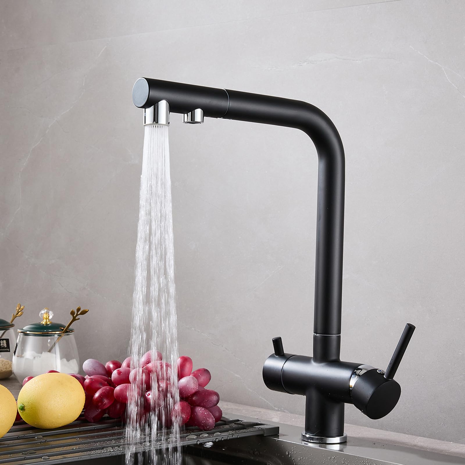 ZYCHSJXA 3 Way Pull Out Kitchen Tap Swivel Purified Water Hot and Cold Double Handle Sink Taps Brass-Black