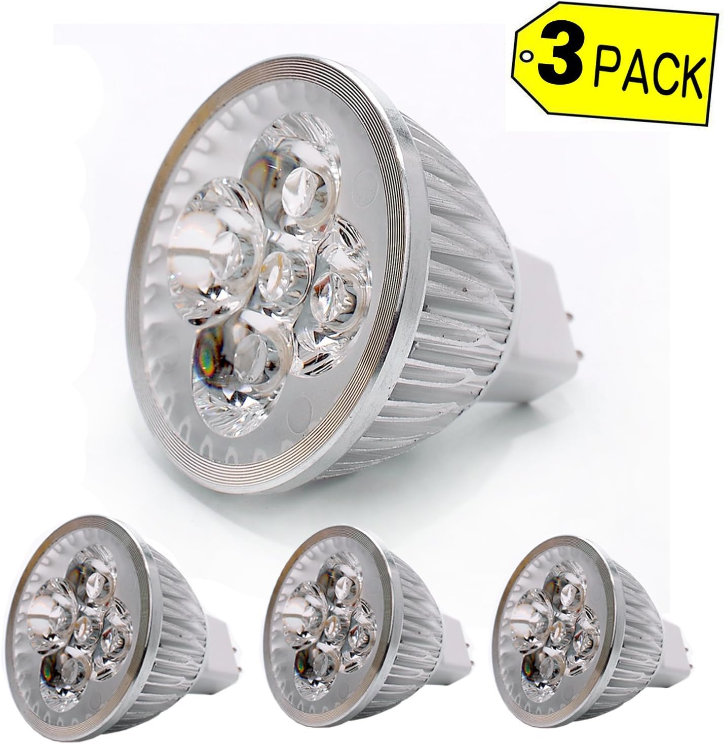 Bulb King 3Pack M16 Led Bulb GU5.3, 12V, 4W 100% Aluminum Reflector,Dimmable, 450lm,50W Halogen Equivalent 3200K Warm White,Spotlight, Recessed Lighting, Track Lighting,