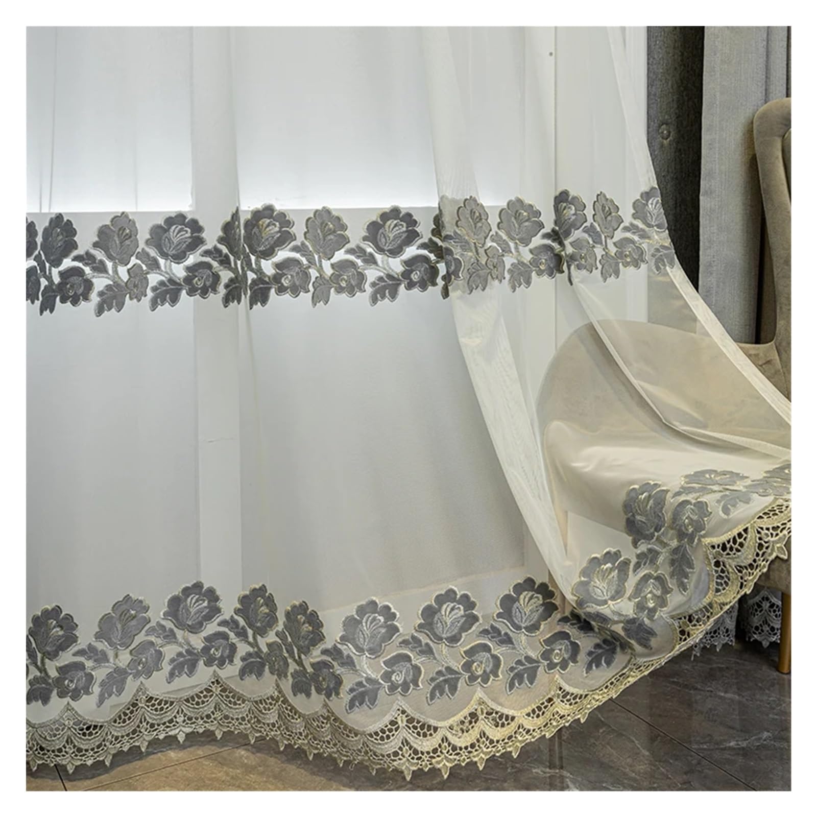 Rideaux salon sans froissement aspect lin coton français brodé voilage balcon passe-tringle