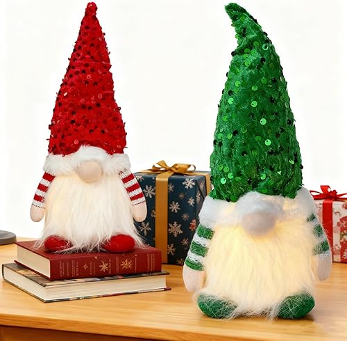 Miniatura 8 de Decoraciones de gnomos de Navidad iluminados de 12 pulgadas, lindos sombreros rojos y verdes de Papá Noel, muñecos de felpa para decoración de