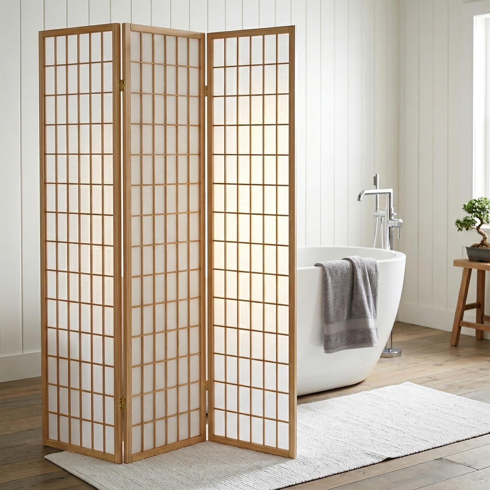 IDIMEX Paravent séparateur de pièce avec Structure en Bois Vernis Naturel et 3 Panneaux repliables en Papier de Riz