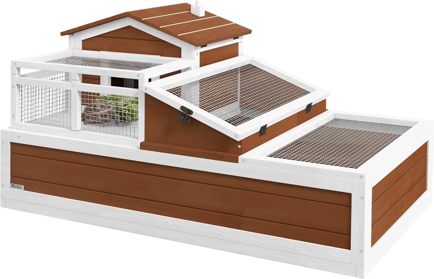 PawHut 3- Room Tortoise House Habitat with Balcony & 2 Stories, Indoor/Outdoor Wooden Tortoise Enclosure with Ladder, Tray, Openable Roof, Large Reptile Cage, 44" x 25. 5" x 23", Coffee