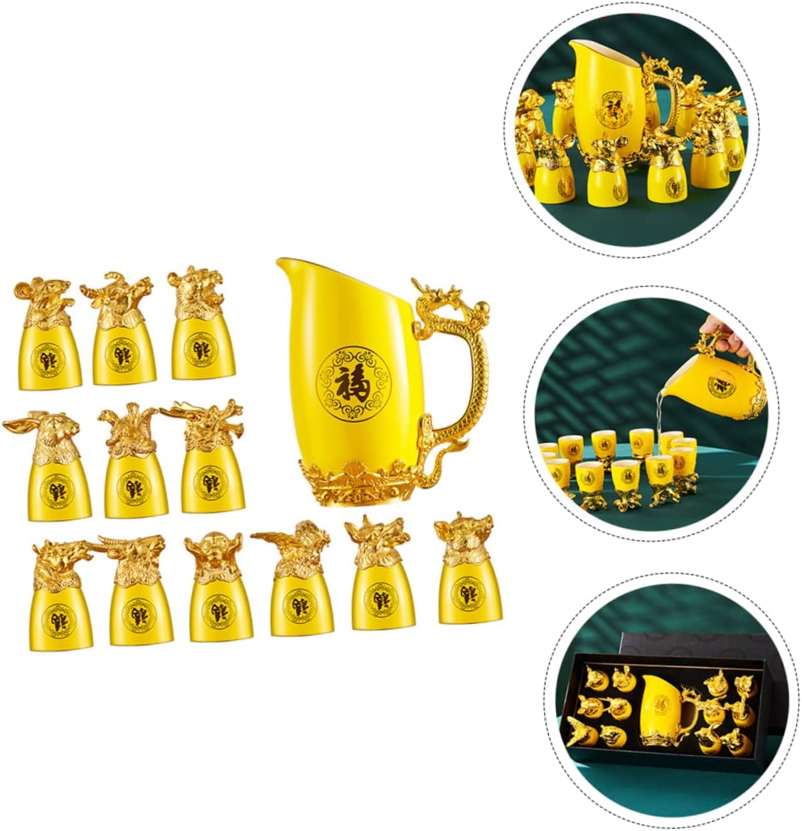 Luxshiny Elegant Chinese Zodiac Wine Glass Set Ceramic Drinking Kit for Entertaining