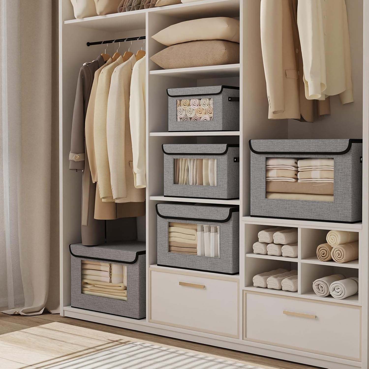 Storage Bins with Lids, Decorative Linen Storage Boxes, 17.7 x 11.8 x 11.8 Inch Closet Organizers for Shelves with Handles, Gray, 3-Pack