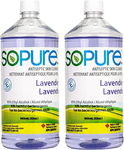 SoPure 2X945 mL Lavande liquide Hand Sanitizer Recharges Bouteilles (avec un vaporisateur de taille de voyage gratuite) - Ingrédients végétaux naturels & Enrichi en vitamine E - Hydratant non collant