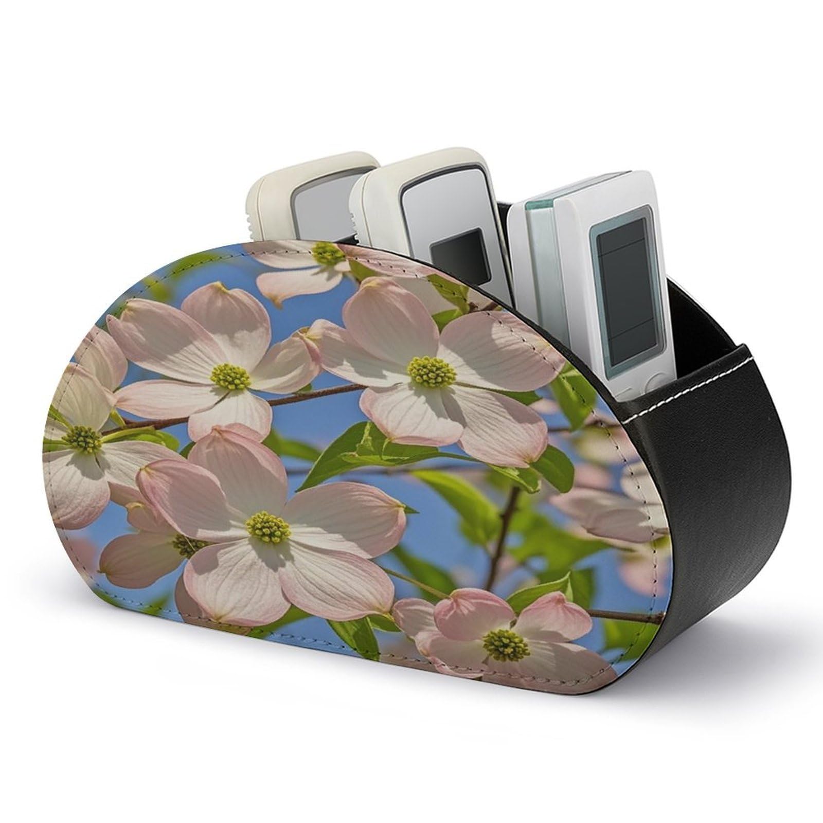 VstaDank Spring Dogwood Blossoms Remote Control Holder with 5 Compartments PU Leather TV Remoter Caddy Desktop Organizer TV Remote Holder Remote Box for Media Controllers Office Supplies