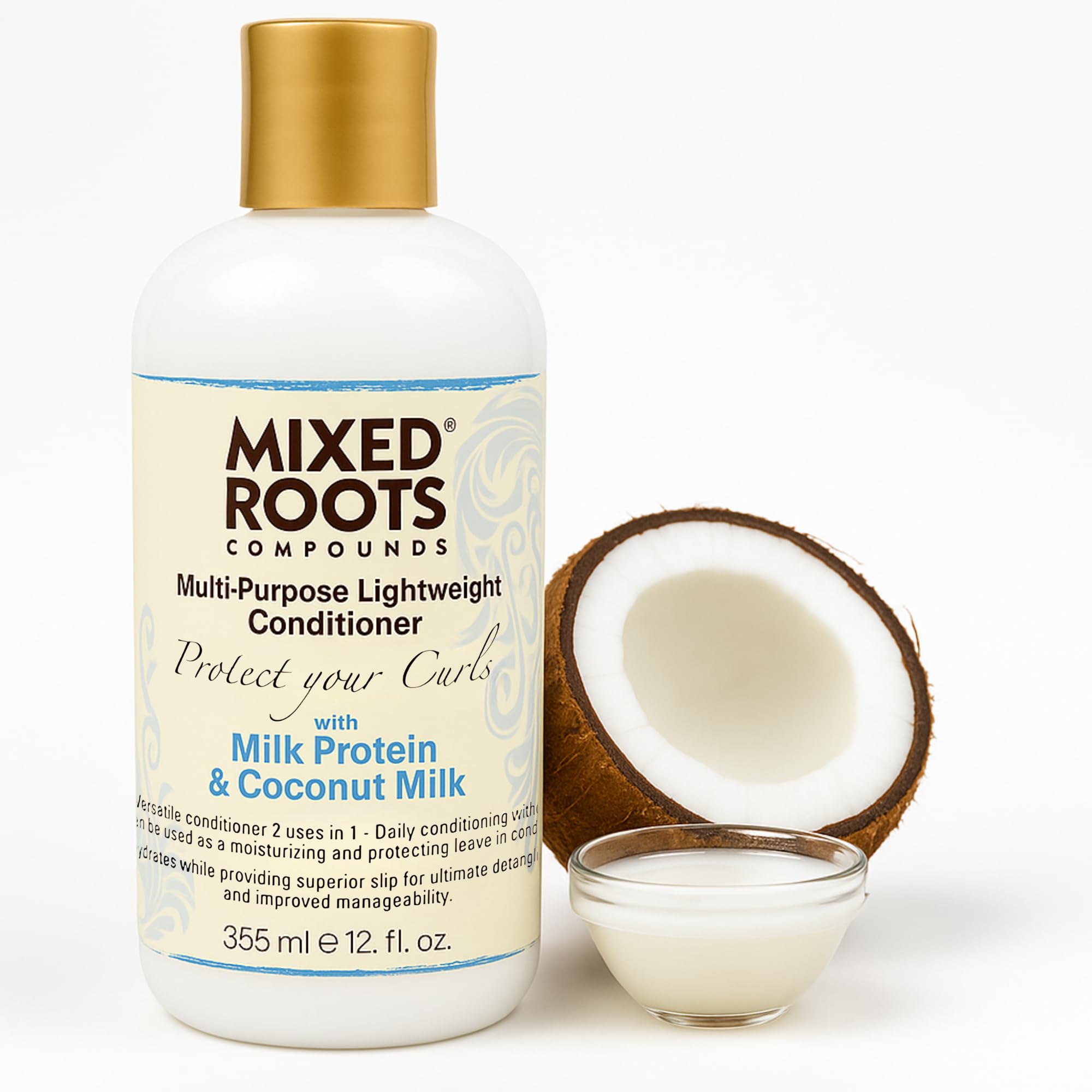 Mixed Roots Multi-Purpose Conditioner Milk Protein Coconut 355ml – Daily & Leave-In Use, Lightweight Formula, Hydrates, Detangles & Strengthens Without Buildup