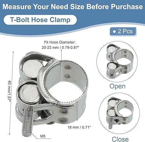 Miniatura 2 de PATIKIL Abrazadera de manguera con perno en T de 0.787-0.866 in, paquete de 2 abrazaderas de tubo intercooler de acero inoxidable 304 para tubo de